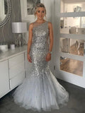 Trumpet Mermaid Sequin Silver Sparkle Tulle Prom Dress