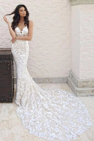 Lace Appliques Backless Sweep Train V Neck Trumpet Mermaid Tulle Wedding Dress
