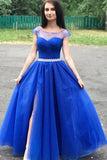 Short Sleeves Pleats Beading Blue Scoop See Through Prom Dress With Slit