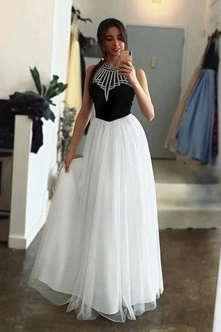 White Jewel Neck A Line Tulle Black Two Tone Prom Dress