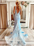Open Back V Neck Mermaid Blue Floral Long Prom Dress