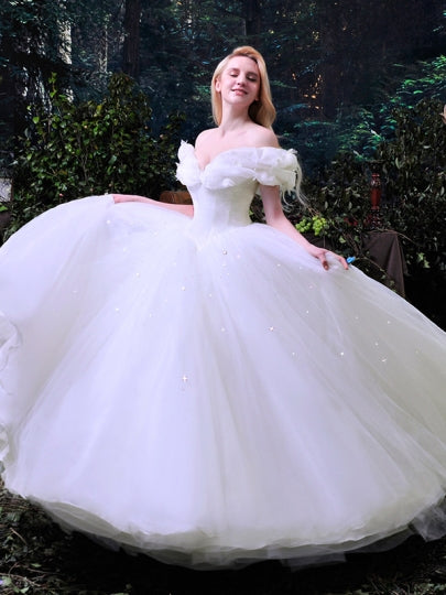 Cinderella White Tulle Ball Gown Wedding Dress Sassymyprom