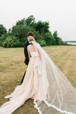 See Through Scoop Sleeveless Two Piece Champagne Wedding Dress