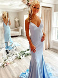Open Back V Neck Mermaid Blue Floral Long Prom Dress