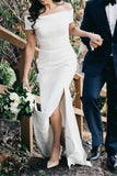 Sheath Column Elegant Off The Shoulder Satin Wedding Dress