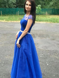 Short Sleeves Pleats Beading Blue Scoop See Through Prom Dress With Slit