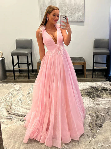 Pink V Neck Tulle Feather Flower Prom Dress