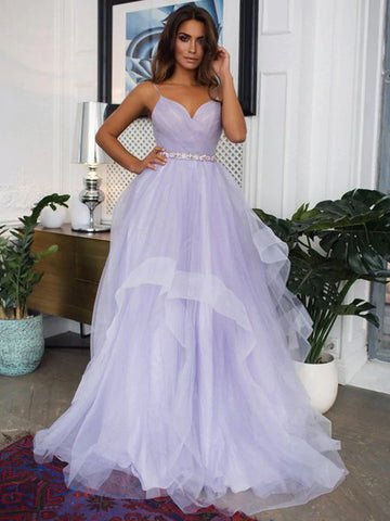 V Neck Purple Beading Elegant Backless A Line Prom Dress