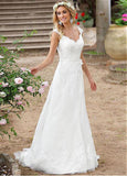 Tulle V-neck Lace Appliques A-line Wedding Dress With Belt