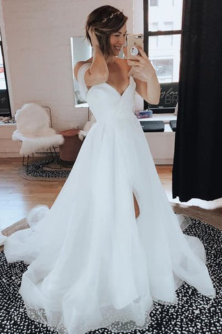 Off the Shoulder Tulle Ruffled Simple Wedding Dress with Split