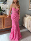 Hot Pink Sweetheart Appliques Tulle Mermaid Prom Dress