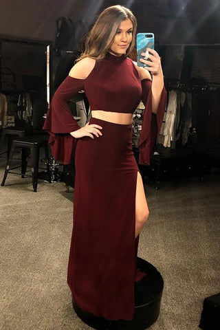 Burgundy Long Sleeve Spandex High Neck Two Piece Prom Dress With Slit
