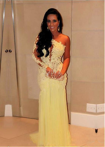 Yellow Tulle & Silk-like Chiffon One-shoulder Sheath Evening Dresses With Lace Appliques