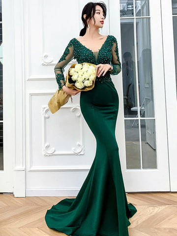 Dark Green Long Sleeve Beading Appliques Mermaid Prom Dress