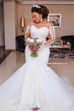 Long Sleeve Appliques Sheer Tulle Mermaid Lace Bridal Wedding Dress