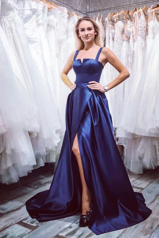 Blue A Line Sexy Spaghetti Straps Satin Prom Dress With Slit