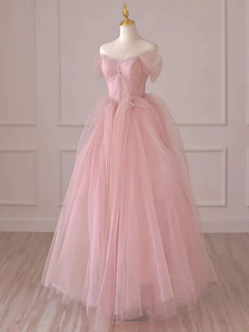 Off Shoulder Beading Pink Tulle Princess Prom Dress