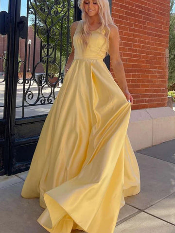 Yellow Satin Long Prom Dress with Beading Pocket
