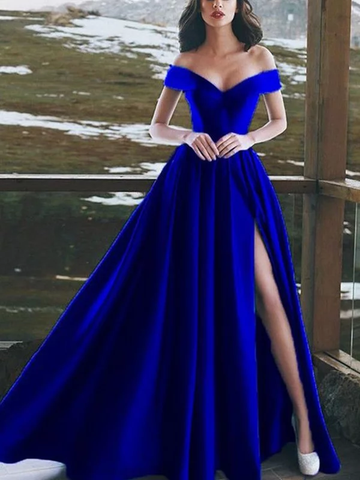 A-Line Blue Off-the-Shoulder Floor-Length Ruffles Satin Prom Dress
