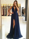 Navy Blue Chiffon Lace Split Prom Dress