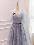 Spaghetti Straps Backless Gray Tulle Bow Long Prom Dress