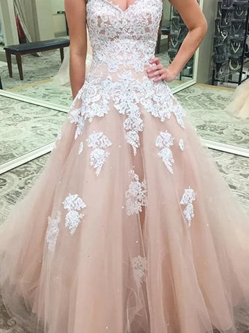 Ball Gown Sweetheart Pink Applique Tulle Prom Dress
