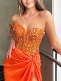 One Shoulder Orange Sequins Mermaid Long Prom Dress