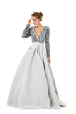 Silver Long Sleeves Sequin & Satin A Line Sexy Prom Formal Dress
