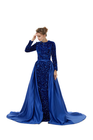 Blue Long Sleeves Scoop Trumpet Mermaid Sparkle Sequin Prom Dress
