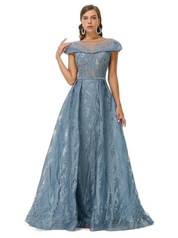 Blue Cap Sleeves Scoop Lace A Line Detachable Train Prom Formal Dress