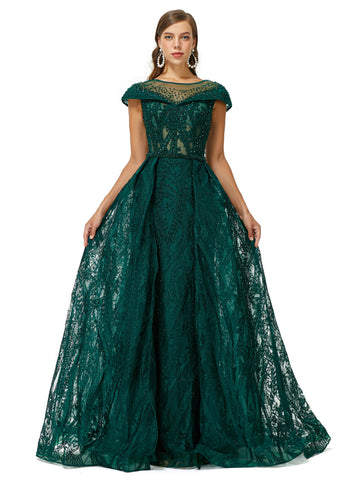 Green Cap Sleeves Scoop Lace A Line Detachable Train Prom Formal Dress
