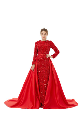 Red Long Sleeves Scoop Trumpet Mermaid Sparkle Sequin Prom Dress