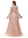 Pink Long Sleeves Scoop Lace A Line Detachable Train Prom Formal Dress