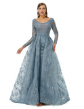 Blue Long Sleeves Scoop Lace A Line Detachable Train Prom Formal Dress