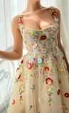 Champagne Colorful Tulle Floral Long Prom Dress