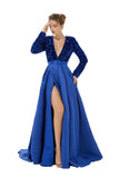 Royal Blue V Neck Sequin Bling Bling Satin A Line Prom Dress