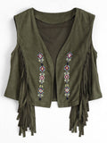Embroidered Faux Suede Fringed Waistcoat