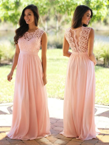 Pink Lace Scoop Sashes Floor-Length Prom Dress