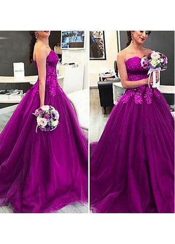 Purple Exquisite Tulle Sweetheart Neckline Ball Gown Evening Dresses With Lace Appliques