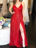 Deep V-neck A-Line Red Tulle Sequins Prom Dress With Side Split
