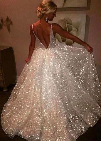 Tulle V-neck Backless Floor-length A-line Wedding Dress