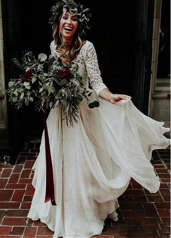 Lace Chiffon V-neck Long Sleeve Two-piece A-line Wedding Dress