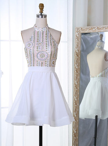 Satin Halter Backless Short White Sequins Homecoming Dress