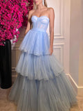 Light Blue Tulle Backless Bowknot A Line Prom Dress