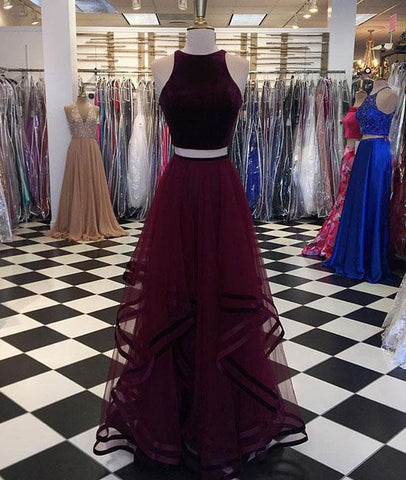 Two Pieces Burgundy Long Prom Dress