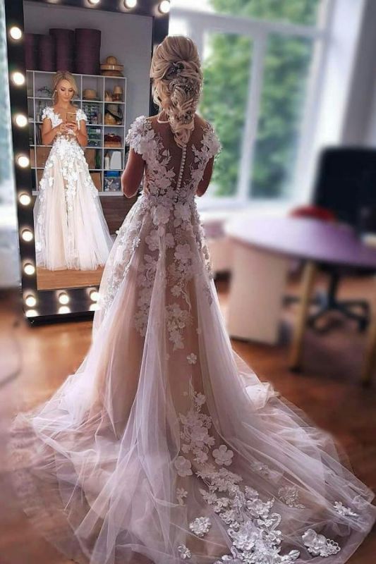 Champagne Sheath Column Lace Appliques Wedding Dress Custom Made / Ivory Champagne Sheath Column Lace Appliques Wedding Dress Custom Made / Ivory