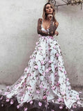 3D A Line V Neck Backless Pink Lace Floral White Prom Dress
