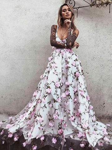 3D A Line V Neck Backless Pink Lace Floral White Prom Dress