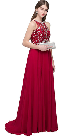 Red Chiffon Beads Prom Dress