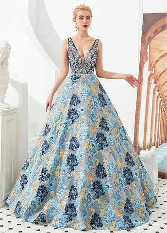 Tulle V-neck A-line Floral Formal & Evening Dress with Beading